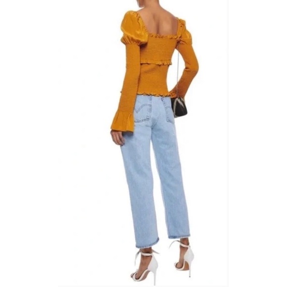 EUC Cinq a Sept 100% Silk Ellis Puff Shoulder Smocked Marigold Yellow Blouse XS‍ - Picture 10 of 11